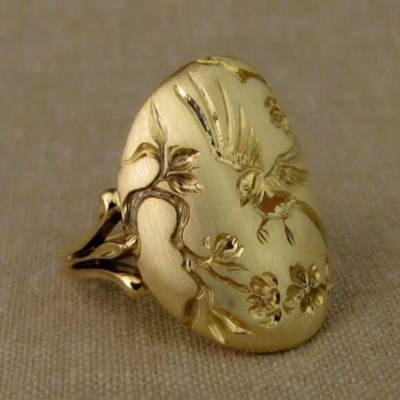 Ethnic Style Oval Birds Flower Tree Carved Vintage Rings for Women, MARR9159 - Picture 4 of 6